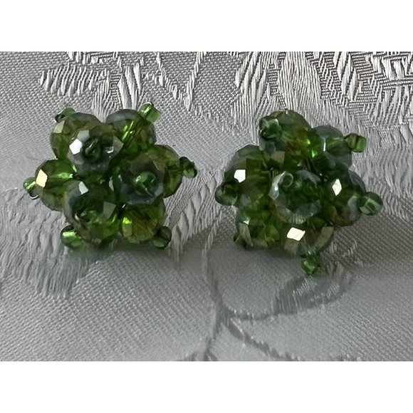Vintage Green Aurora Borealis Crystal PIERCED!! Earrings - Picture 3 of 3